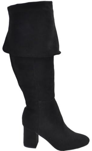 Stivale Donna a Punta Quadrata Alto in camoscio Nero sopra al Ginocchio o con Risvolto Tacco Quadrato Basso 5 cm con Zip (38 EU)