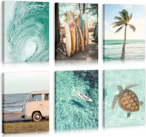 HPNIUB Strand-Leinwandbilder Tropische Sommer Ozean Küstenposter 6 gerahmten Bilder Meer (20x25 cm), Maritimes Surfboard Deko Set für Badezimmer Mädchenzimmer, Kalifornische Strandbild Bad Ddeko