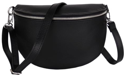MIRROSI Damen Bauchtasche aus Echtleder, Made in Italy. Als Umhängetasche, Brust- oder Schultertasche tragbar, 26x20x8 cm, Reißverschlussfach hinten. (Schwarz Basic Version)