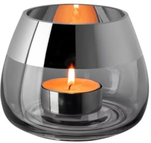 Fink Grauer Teelichthalter Ø 15 cm großer gläserner Kerzenhalter mit Silberrand