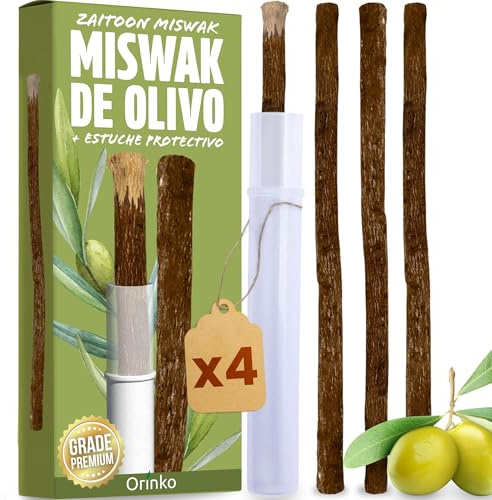 ORINKO 4 Bâtons de Siwak d'Olivier + 1 Étui – Miswak Brosse à Dents Naturelle Écologique et Vegan – Soin de la Bouche Traditionnel et Blanchiment des Dents