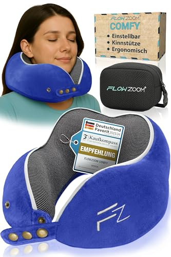 FLOWZOOM Comfy Nackenkissen Flugzeug & Auto - Einstellbares Memory Foam Reisekissen mit flexiblen Druckknöpfen für 360° Stütze, atmungsaktiver weicher Bezug - inkl. Transportbeutel - Dunkelblau