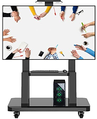 Carrello porta TV per televisori da 65 pollici, con supporto per fotocamera e ripiano portaoggetti, supporto mobile universale per sale conferenze ed eventi