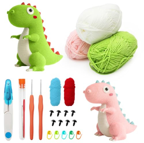 CEWROM Häkelset für Anfänger, Häkel-Starter-Kits, Anfänger für Erwachsene und Kinder, Amigurumi häkelset tiere-Schritt-für-Schritt-Video-Tutorials, häkelset kinder, Anfänger Häkelgarn, Dinosaurier