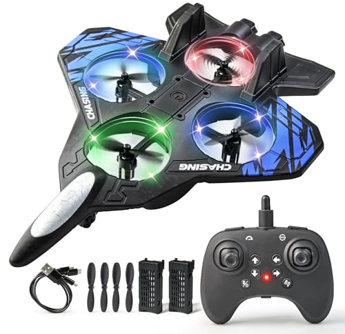 TOMMYHOME RC Plane Foam Remote Control Airplane Toy 2.4GHz Fighter Jet for Kids, 2 Batteries & LED Lights, 360°Flip, Headless Mode, 3 Speed Modes (Blue)
