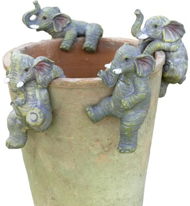 Darthome Elephant Pot Hangers Set of 4, Climbing Safari Animal Garden Planter Ornaments, Grey Resin, 6x10x6cm, Indoor Outdoor Decorative