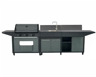 Cook'in Garden - Cucina Esterna a Gas BURN, Barbecue con Carrello e Lavello Integrati, 3 Bruciatori, Spazio di Archiviazione Aggiuntivo, Rubinetto con Uscita Acqua, Funzione Piastra e Barbecue