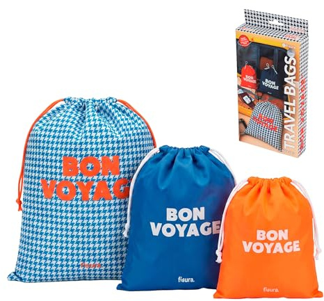 Fisura - 3er Set Reise Wäschesäcke mit Aufschrift Out of the Office - Kordelzug Gepäck Organizer (6L, 4L, 2L) - Verpackung Aufbewahrungsbeutel (Bon voyage, orange und blau)