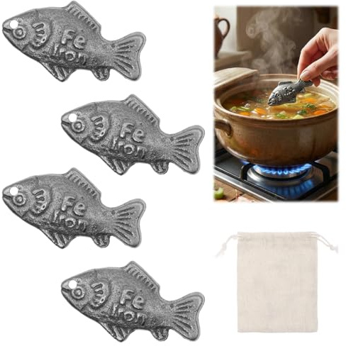 Foribyw 4 Pack Cast Iron Fish for Boiling Water, 7x4cm Metal Tool | Reusable Fish Shaped Cooking Accessory with Drawstring Bag for Soups, Stews, Porridge, Traditional Kitchen Cookware