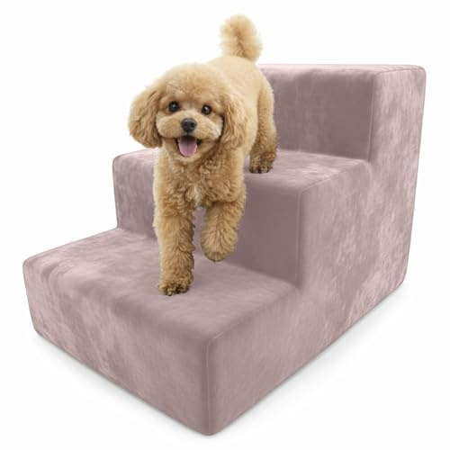Muralo Hundetreppe 3 Stufen für Kleine Hunde, Katzen, Velvet - Rosa | Haustiertreppe 30 cm, rutschfest, Waschbarer Magic Velvet Bezug, Belastbar bis 17 kg, Einstiegshilfe für Bett & Sofa
