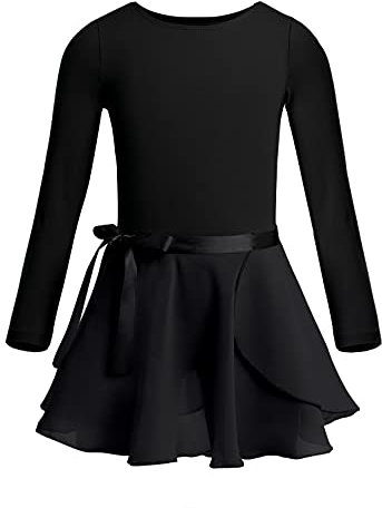 Freebily Kinder Mädchen Ballettanzug Langarm Ballett Trikot Bodysuit Chiffon Wickelrock Outfits Tanz-Body Ballettbekleidung Turnanzug Set Gr.92-164 Schwarz 110-116/5-6 Jahre