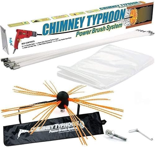 Chimney Typhoon Power Sweeping Set Flexible Nylon Rods & Brush Head Rotary Drill Drive Chimney Kit Flue Cleaner Removes Soot 20 Metre Set – 65 Feet