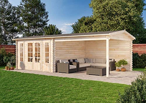 Alpholz Gartenhaus Freiburg-44 aus Massiv Holz, Freizeithaus, Blockhaus 44 mm Wandstärke, Garten Holzhaus mit Terrasse, Überdachung, Sitzecke 755 x 399 cm mit Doppeltür