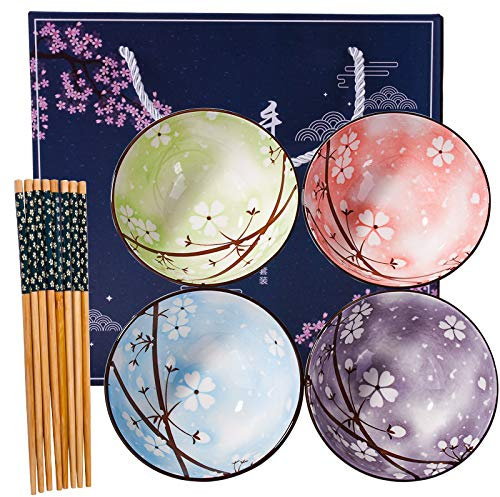 Japanese Style Ceramic Rice Bowl and Chopstick set of 4, Assorted Designs and Color with Phum Flowers Underglazed Dinnerware Ideal For Dessert Snack Cereal Soup in Gift Box