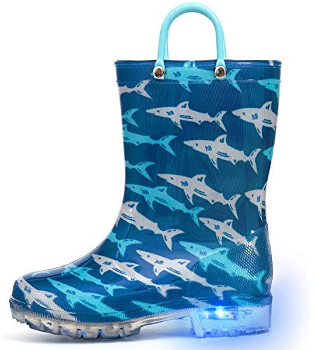 Hugrain Adorabili stivali di gomma luminosi per bambini con manici facili da indossare, Blu squalo., 32 EU