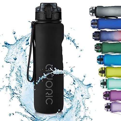 Adoric Sport Trinkflasche, [BPA Frei Tritan] 1L Auslaufsicher Kunststoff Wasserflasche Sport, Sportflasche Fahrrad für Camping Freien, Outdoor, Yoga, Gym (Schwarz)