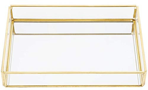 Nimoa Kosmetische Vitrine-Retro Metall Glas Aufbewahrungsbox Gold Tablett Schmuck Kosmetik Vitrine(M)