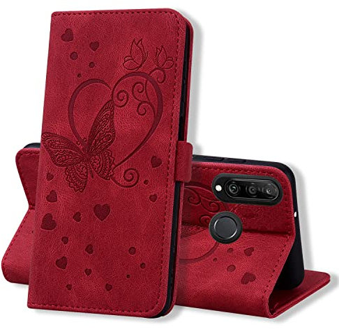 CXTcase Cover per Huawei P30 Lite Custodia a portafoglio in pelle con motivo a farfalla Flip Case per P30 Lite chiusura magnetica a patta con supporto per slot cartaceo, colore: Rosso