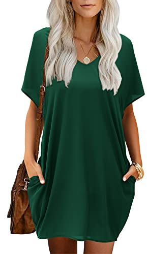 Beluring Damen Kleid Mit Taschen Sommer V-Ausschnitt Lässig Shirtkleid Olivgrün XXL