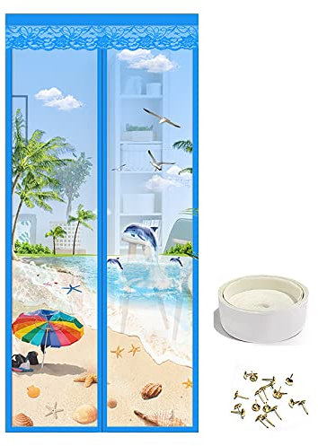 Tenda magnetica anti-zanzariera per porta, resistente, antivento, anti-zanzare, con nastro magico, senza punzoni, motivo decorativo da ricamo, mantiene lontani insetti e insetti (90 x 210 cm)