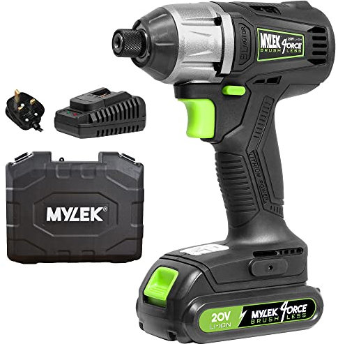 Mylek Cordless Impact Drill Driver 20V Brushless, Variable Speed (0-2400RPM), 280Nm, 0-3200BPM with LED Work Light, 2000Ah Battery and Fast Charger, Forward and Reverse