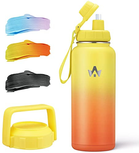 ALongSong Gourde Isotherme 1L Bouteille Thermos Cafe Pour Enfant Femme Homme, Sans BPA, Maintien Froid 48H & Chaud 24H Avec Paille 2 Couvercles - Jaune