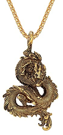 YANGFJcor Drachenkette Für Herren, Retro Drachen Totem Amulett Anhänger, Punk-Tier-Drachen-Halskette, Glückliches Handgemachtes Schmuckgeschenk.,Gold