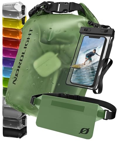 Nordlight Dry Bag Sacca Impermeabile - Zaino Impermeabile da 2l, 5l, 10l, 15, 20l, 30l, Sacca Stagna Borsa Impermeabile con Chiusura a Rotolo, Custodia Impermeabile per Cellulare e Marsupio