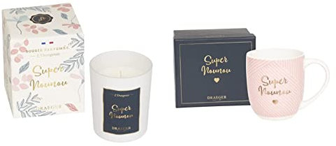DRAEGER Paris | Bougie Blanche Super Nounou | Parfum Fleur d'Oranger | Idée Cadeau Nourrice, Maternelle, Nounou | Cadeau Fin d'année | Pot en Verre & Mug rose en céramiqueSuper Nounou