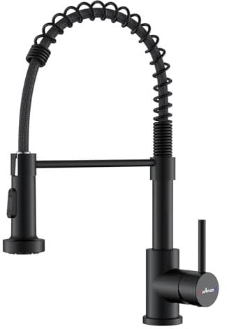 APPASO Grifo de cocina negro con resorte helicoidal, grifos de fregadero de doble caño de 360°, grifo de cocina, alta presión, negro mate