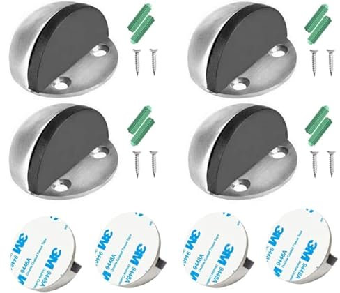SDTOOLS 2/4/8/12 Pieces Stainless Steel Floor Door Stopper, Oval Floor Mounted Half Moon Door Stop with Screws and 3M Glues Self Adhesive for Protect Walls and Doors (4 Pieces)