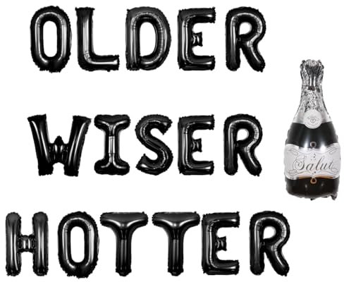 Older Wiser Hotter Balloon Banner Black, Funny Birthday Party Decorations for Adults, Death to My Youth 30th 40th 50th 60th 70th 80th Birthday Party Supplies with Wine Glass Champagne Foil Balloon