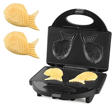 FineMade Taiyaki Máquina para hacer gofres de pescado con placa de cocina antiadherente, sartén eléctrica japonesa en forma de gofre, sartén coreana para bungeoppang, receta incluida