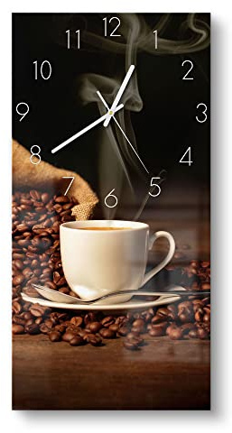 DEQORI Glasuhr | horizontal 30x60 cm | Motiv Kaffeetasse mit Bohnen | große XXL Design Uhr aus Glas | leise Wanduhr für Wohnzimmer & Küche | moderne Hingucker Uhr für die Wand