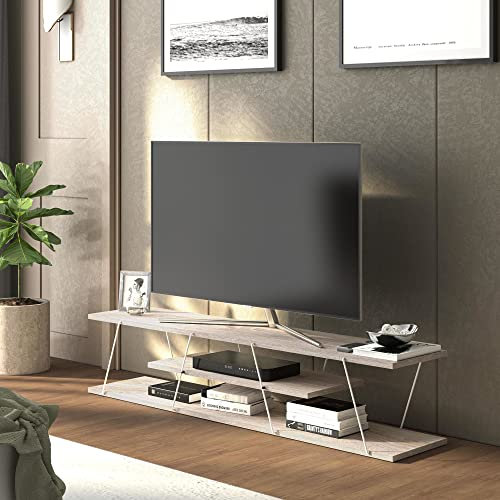 [en.casa] TV Board Säffle Fernsehtisch mit 2 Ablagen Lowboard 143 x 33 x 30 cm Sideboard Eiche-Optik/Weiß