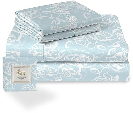 Pizuna Cotton Floral Blue Print Double Bed Sheet Set 400 Thread Count | Simply 100% Long Staple Printed Bedding Includes 1 Fitted Sheet 2 Pillowcases