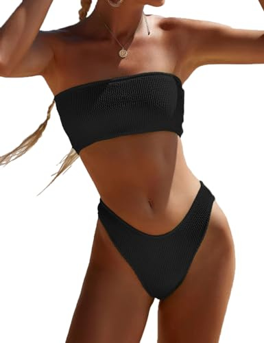 YIMISAN Zweiteiliger Bandeau-Badeanzug für Damen, gerippt, trägerlos, Schlauch-Bikinioberteil, freches Unterteil mit mittelhoher Taille, Schwarz, XL