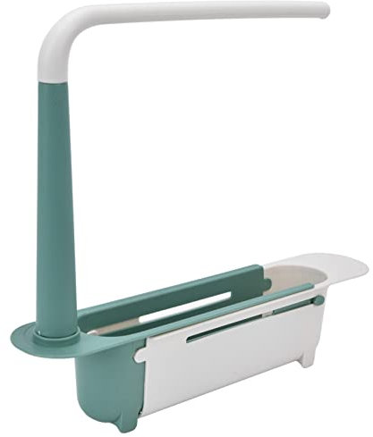 Lwuey Soporte de Almacenamiento Expansible, Jabón Esponja Hogar Cocina Organizador Telescópico Lavabo Estante Cesta Drenaje Fregadero Plástico Escurridor Cepillos Extensible Longitud Ajustable(Verde)