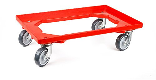Transportroller rot L61 x B41 x H15 cm für Euroboxen mit 4 leichtgängigen Gummi-Lenkrollen, Rollwagen Kistenroller Transporthilfe Tragfähigkeit 300 kg