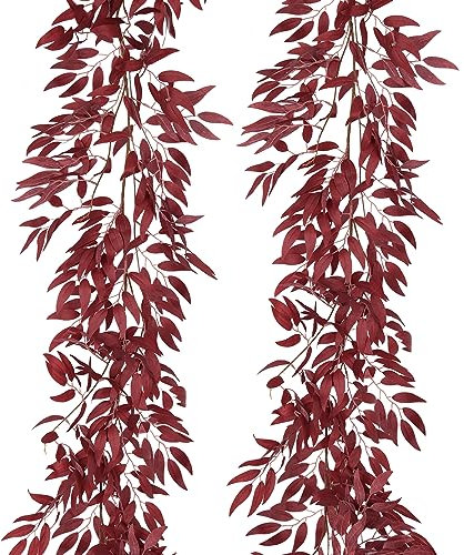 RECUTMS Künstliche Weidenblätter zum Aufhängen, 2 Stück, 150 cm, künstliche Seide, Burgunderrot, Efeu, Herbstgirlande, künstliches Grün, für drinnen und draußen, Valentinstag, Hochzeit, Geburtstag,
