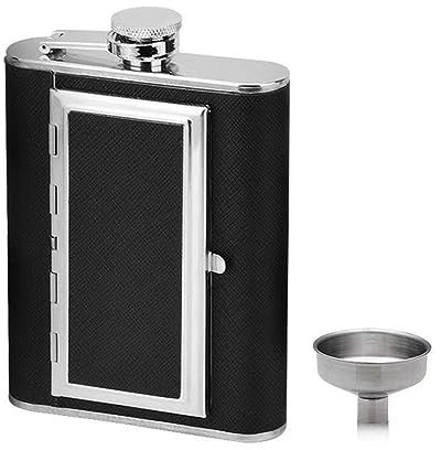 Tasche Flachmann mit Trichter Edelstahl Zigarettenetui Outdoor Portable 6oz Whiskey Schnaps Flasche mit PU Leder Umhüllt, Schwarz