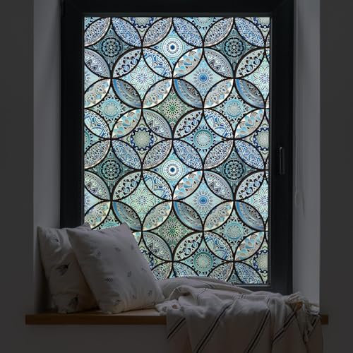 dktie Fensterfolie Blickdicht Sichtschutzfolie Milchglasfolie Dekorfolie Glasmalerei Fensterfolie Kreismuster Statische Aufkleber ohne Klebstoff Wiederverwendbar (Grau Blau, 44.5X200CM)