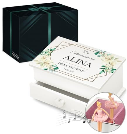 Maverton personalisierte Musik Schmuckdose mit Aufzieh-Spieluhr - Schmuckkästchen Ballerina - Musikspieldose für Mädchen zur Geburt - zum Geburtstag - zu Weihnachten - mit Schublade - Kommunion
