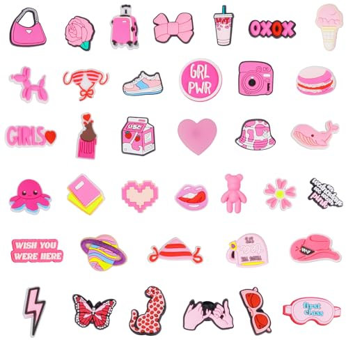 AUAUY 37PCS Shoe Charms for Clog, Cute Anime Cartoon Shoe Pin for Girls Boys, Pink Series PVC Shoe Charms Accessories, Shoes Decorations Party Favors for Crocs Party Decorations, Birthday, Christmas