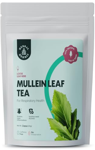 Herbal Hermit Mullein Leaf Herbal Tea Blend | Mullein Leaf Extract for Lungs Cleansing, Detox, and Respiratory Support | Cut and Sifted Dried Leaves | Promotes Overall Health | 3.0 oz / 85 grams