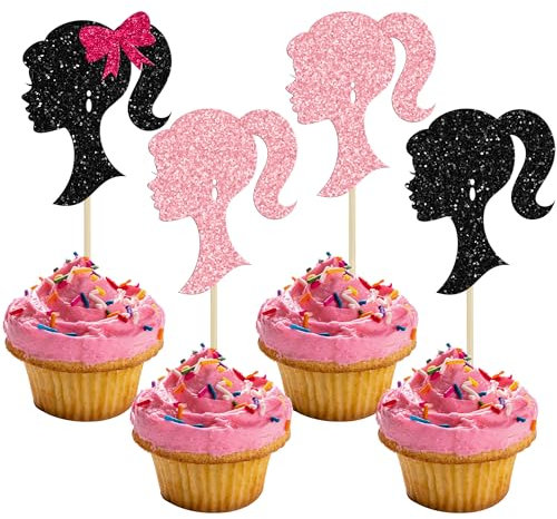 Ephlyn 24Pcs Girl Birthday Cupcake Toppers Black Pink Glitter Princess Doll Head Cupcake Picks Princess Girl Cake Decorations for Bridal Shower Birthday Party Supplies