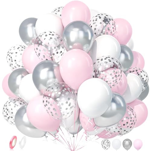 Unisun Palloncini Rosa Bianco Pastello, 50Pezzi Rosa Macaron Argento Metallico Confetti Palloncino Ragazza Donne Bambini Rivelazione Genere Baby Shower Compleanno Anniversario Matrimonio Decorazione