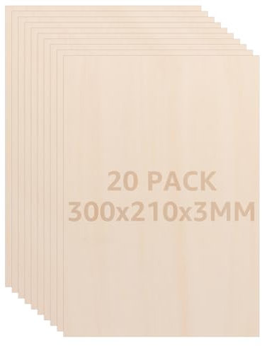 CYEER 20 Pack Plywood Sheets, 3MM Basswood Sheets A4 Thin Plywood Board, Unfinished Wood Boards for Crafts, DIY, Wood Engraving, Laser Projects, Model Making, Decoration, Paintings, 300x210x3mm