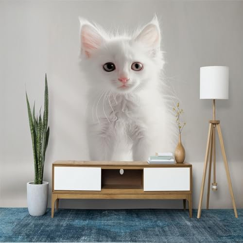 Custom Animal Cat White Panoramic Wall Mural, Grey Wallpaper 200 x 140 cm (W x H), Modern Wall Art Mural Panoramic Poster Wallpaper for Living Room Bedroom Office