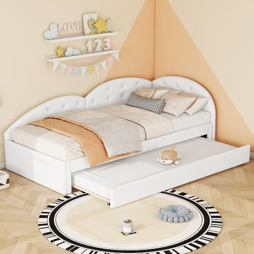 Schlafsofa Einzelbett 90x200, Kinderbett Multifunktionsbett mit ausziehbarem Bett für 2 Kinder, Polsterbett Tagesbett Sofabett Jugendbett Bettgestell mit Lattenrost aus Holz, PU, Ohne Matratze, Weiß